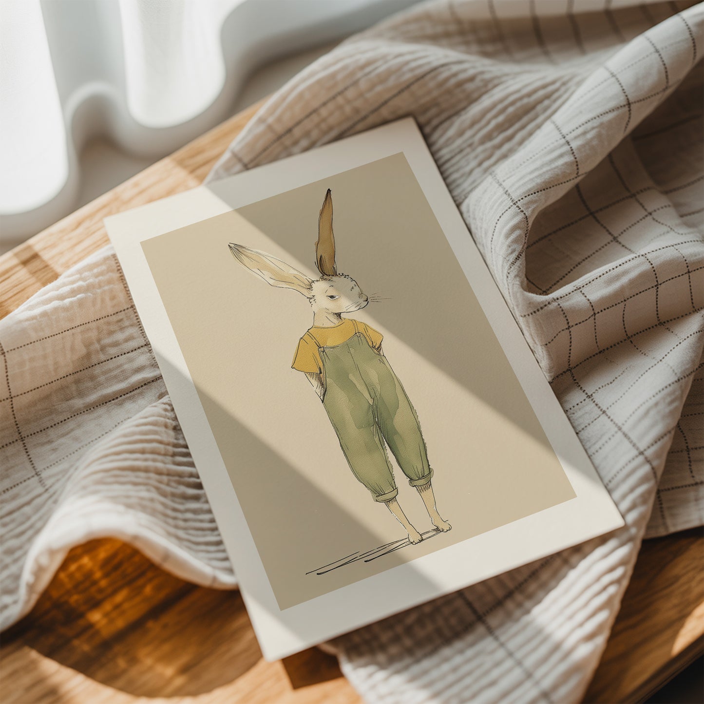 Woodland art print - Bunny wearing overalls