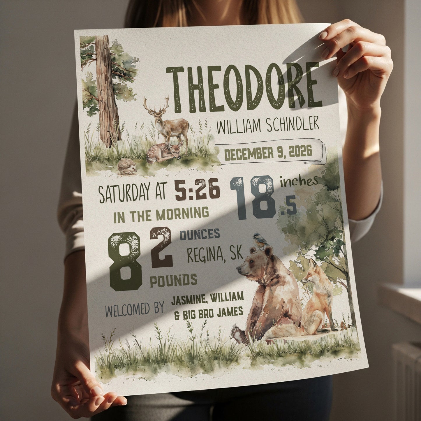 Rustic Woodland Birth Announcement – Personalized Nursery Art