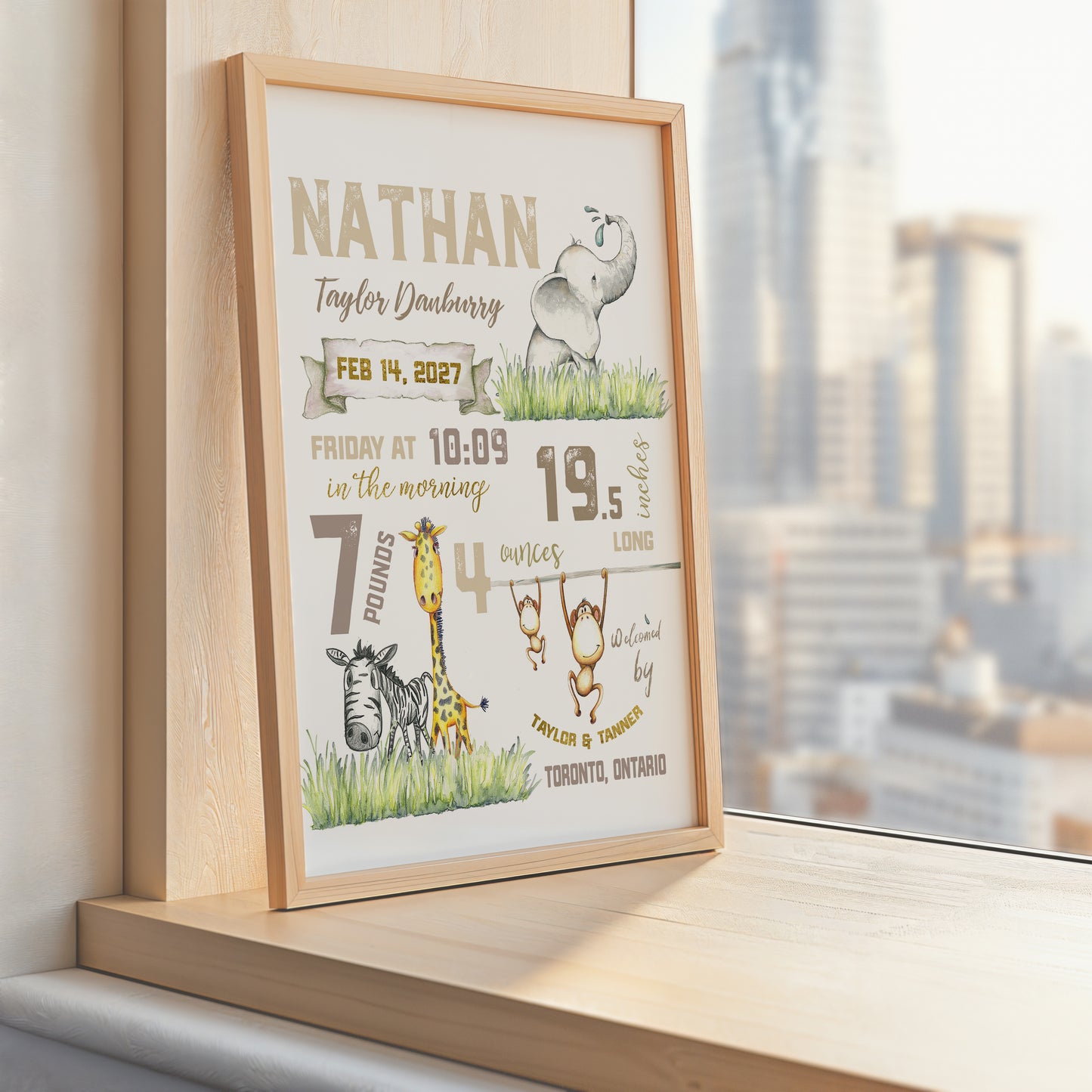 Safari Animal Birth Announcement Digital Download | Personalized Nursery Wall Art