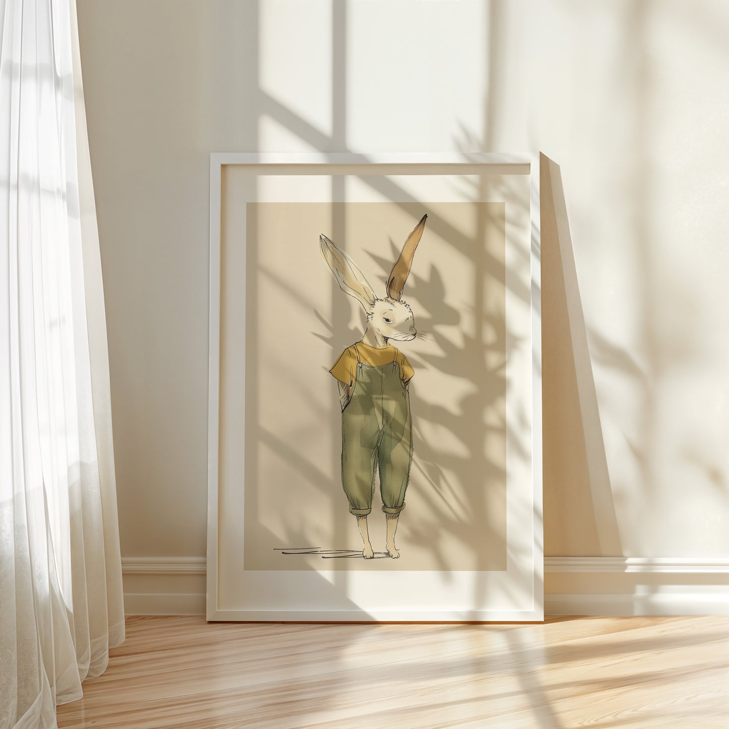 Woodland art print - Bunny wearing overalls