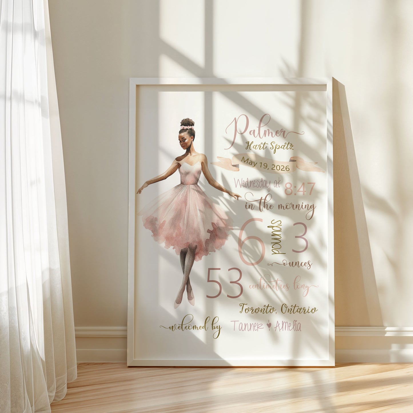 Framed artwork of a ballerina with text on a light background