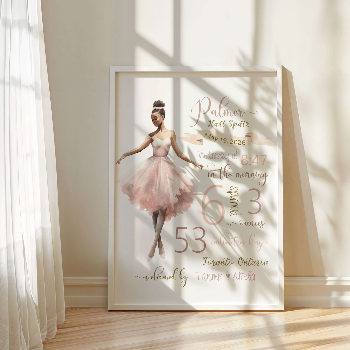 Framed artwork of a ballerina with text on a light background