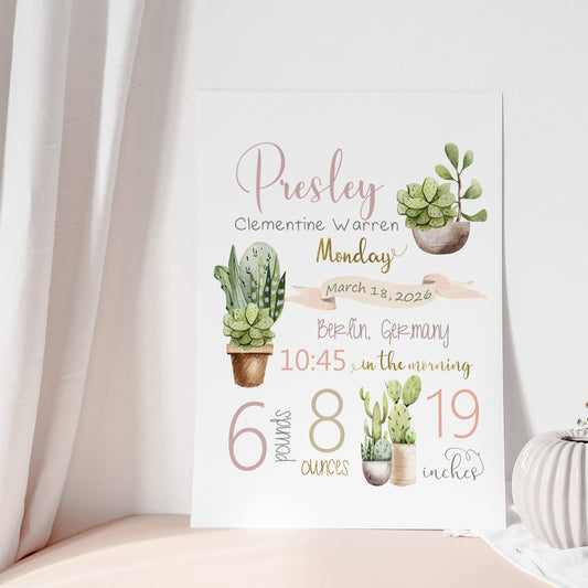Baby milestone sign with cactus illustrations and text on a white background