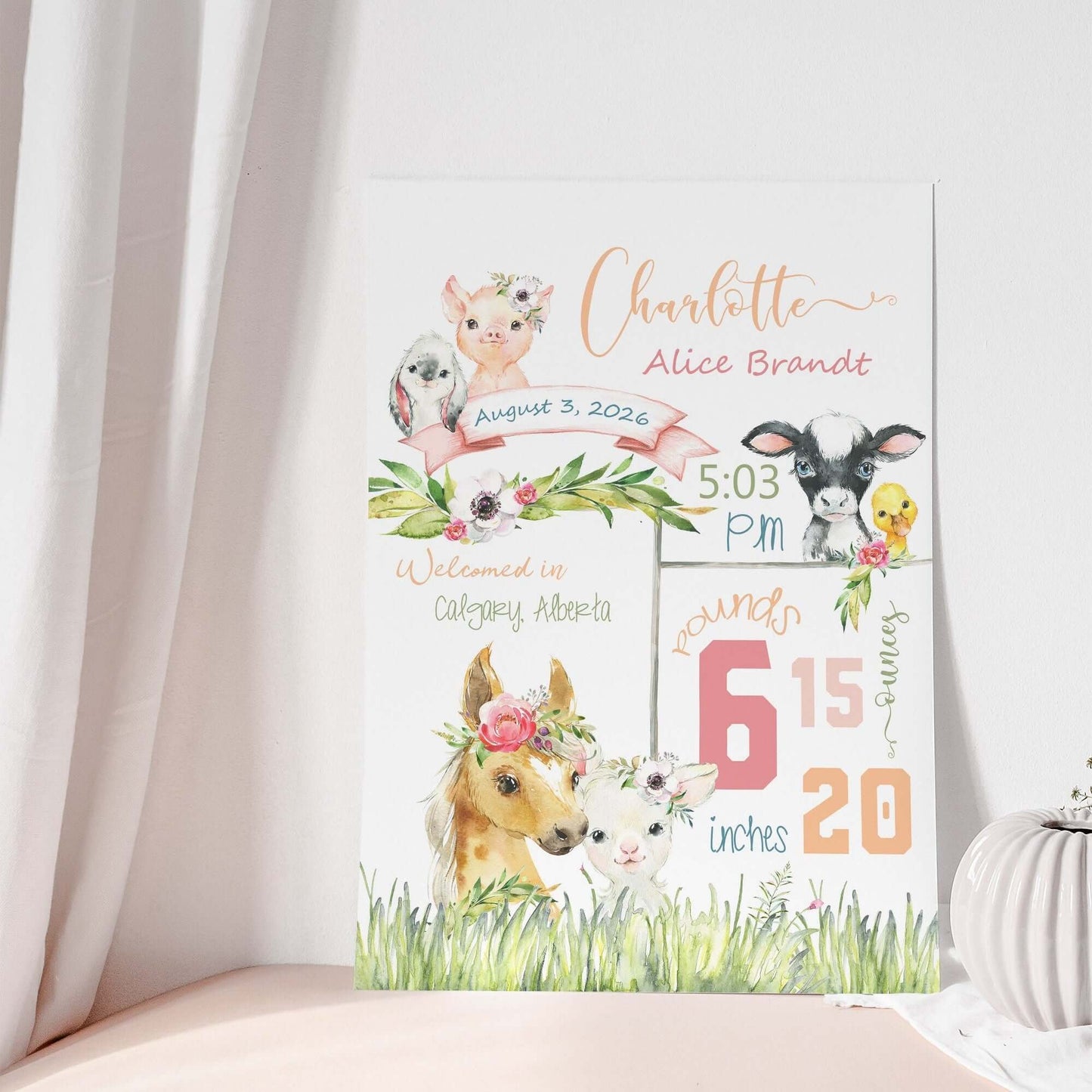Farm Animal Birth Announcement – Personalized Nursery Art