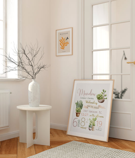 Plant wall art | Birth Announcement | Nursery Birth details | girl gift personalized | baby shower | Nursery Wall Art | succulent wall art