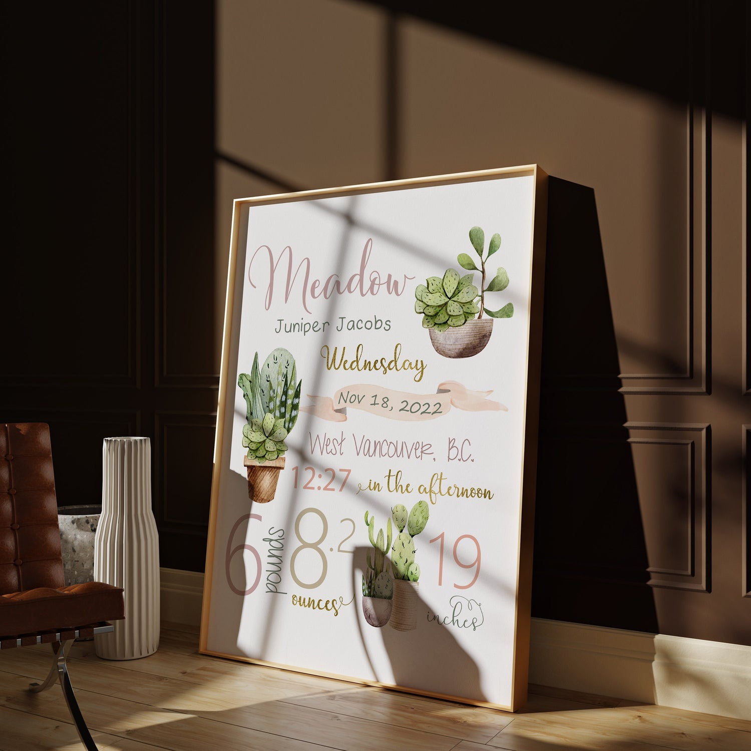 Plant wall art | Birth Announcement | Nursery Birth details | girl gift personalized | baby shower | Nursery Wall Art | succulent wall art
