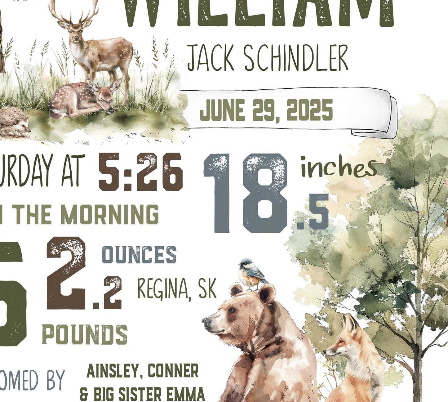 Woodland Birth Announcement Print – Personalized Baby Keepsake with Bears & Deer