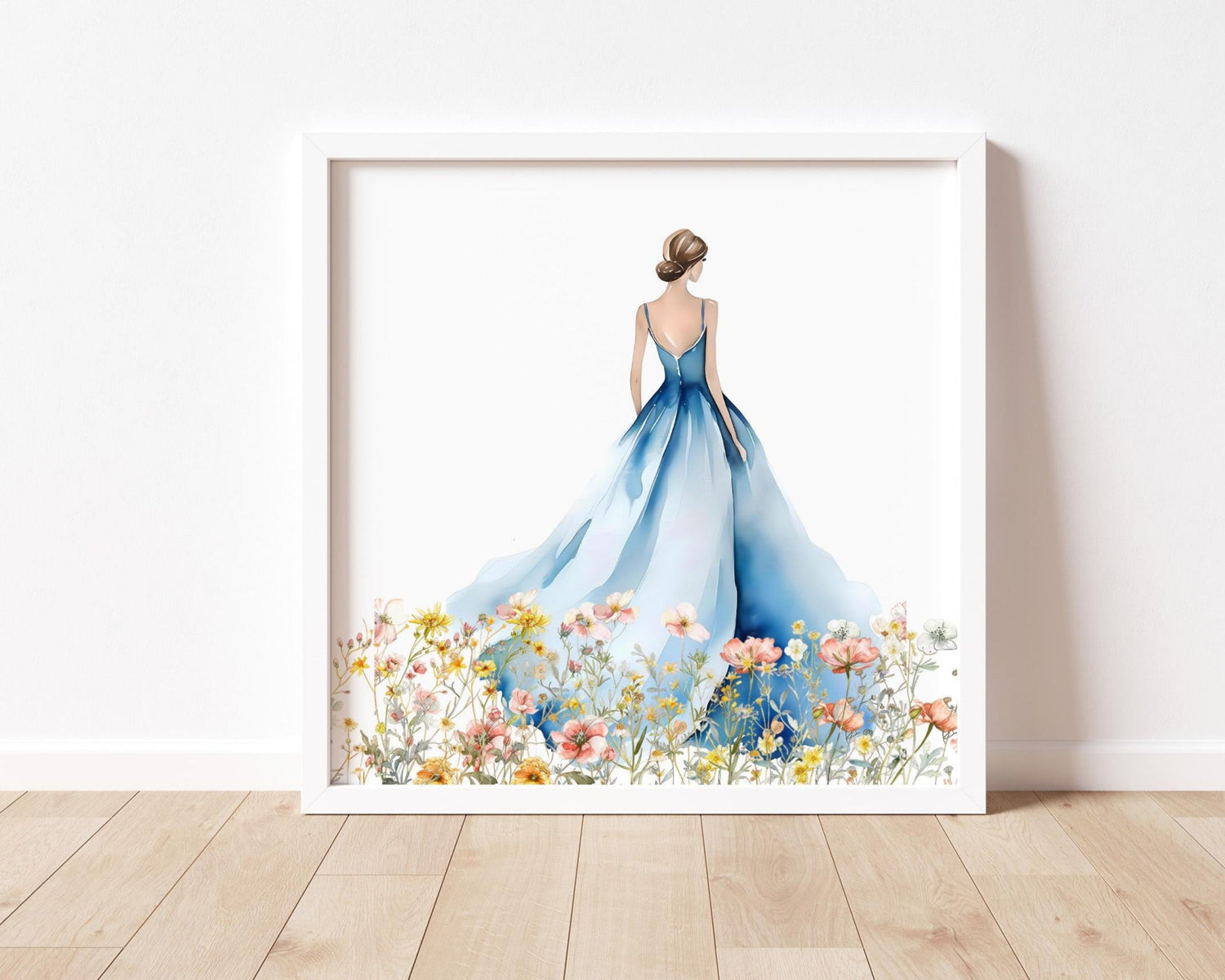 Framed artwork of a woman in a blue dress standing in flowers.