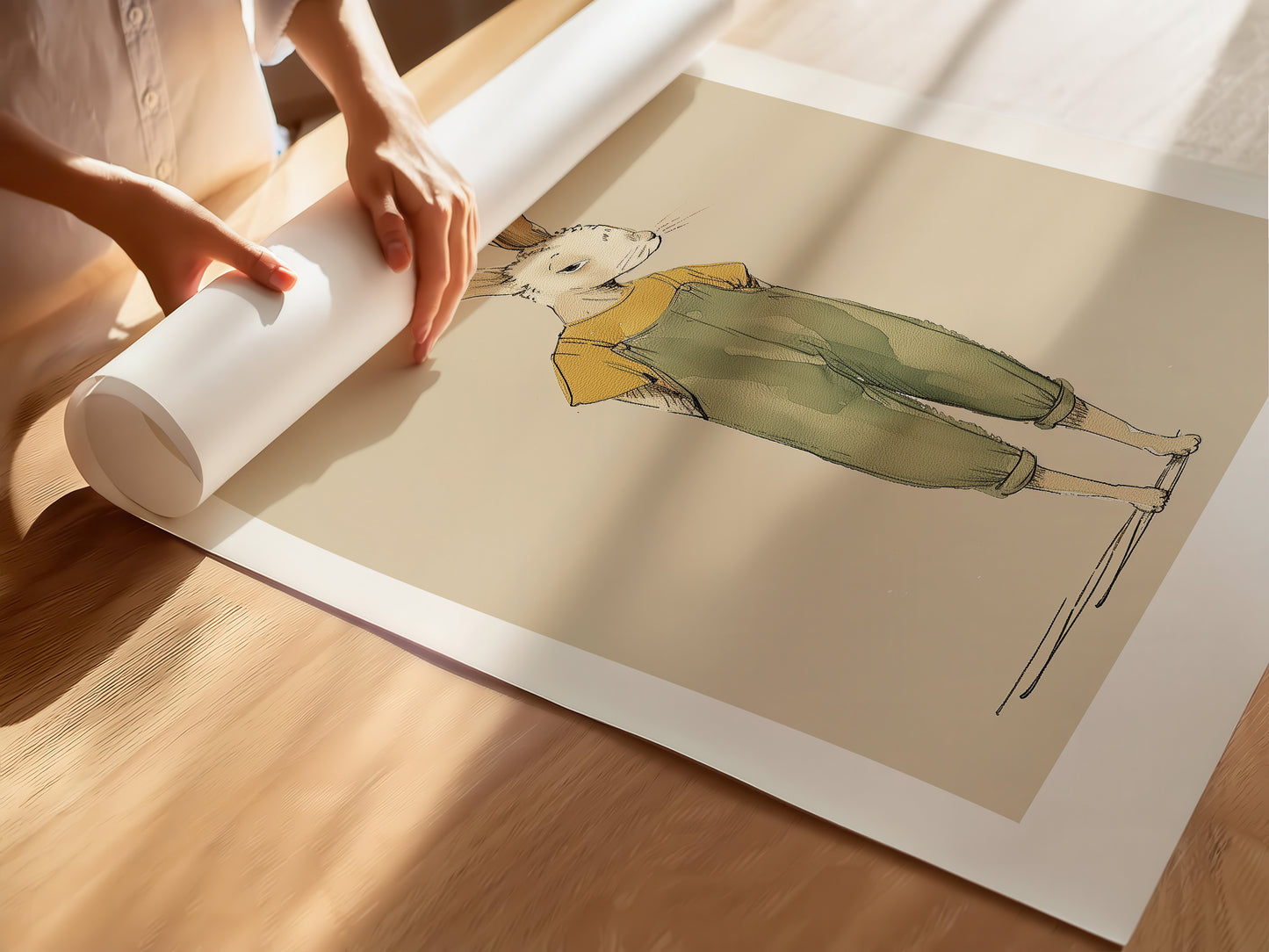 Woodland art print - Bunny wearing overalls