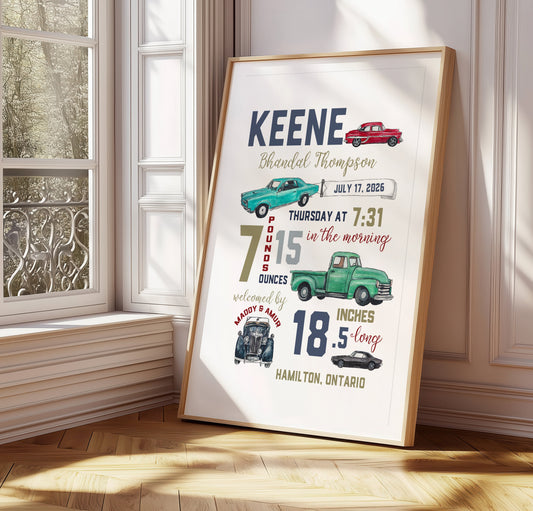 Classic Car Birth Announcement β Vintage Baby Gift Print