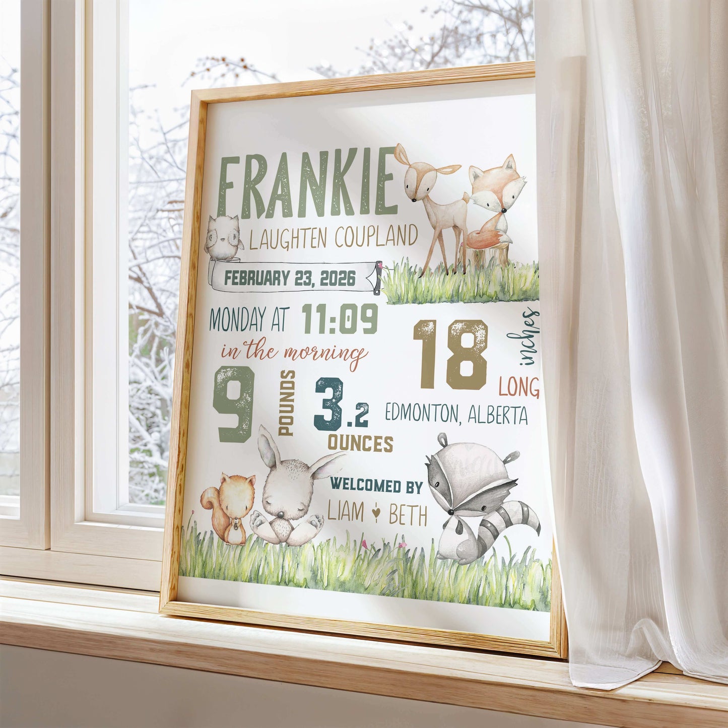 Printable Woodland Birth Announcement | Personalized Baby Nursery Art