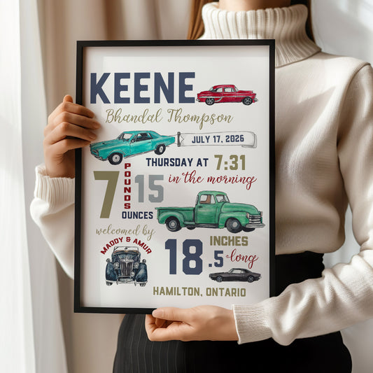 Classic Car Birth Announcement - Vintage Cars - Digital Download