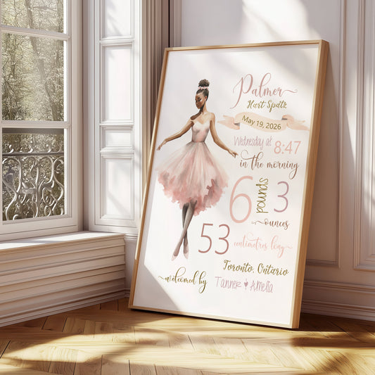 Framed artwork of a ballerina with text on a wall in a bright room.