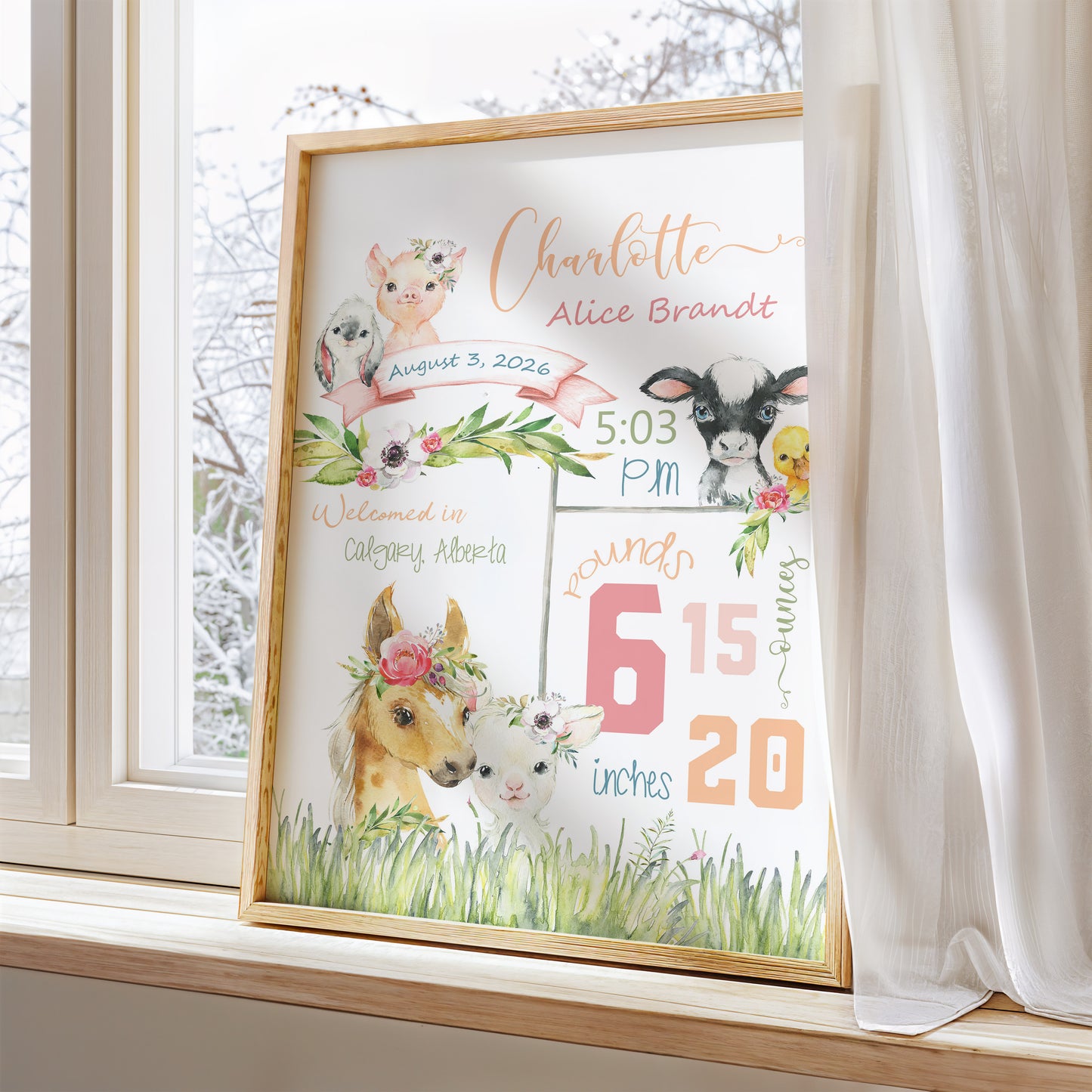 Floral Farm Birth Announcement – Personalized Baby Nursery Print