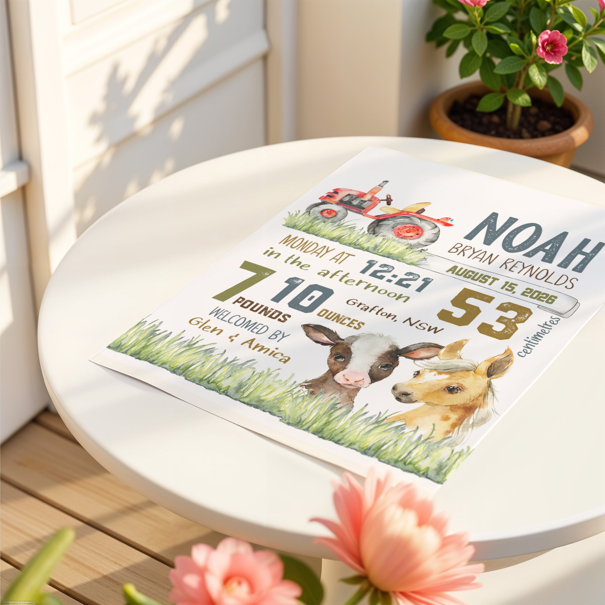 Newborn baby announcement card with farm animals on a table outdoors