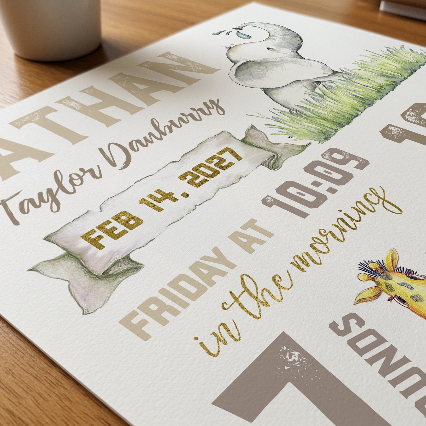 Safari Animal Birth Announcement Print | Personalized Nursery Wall Art