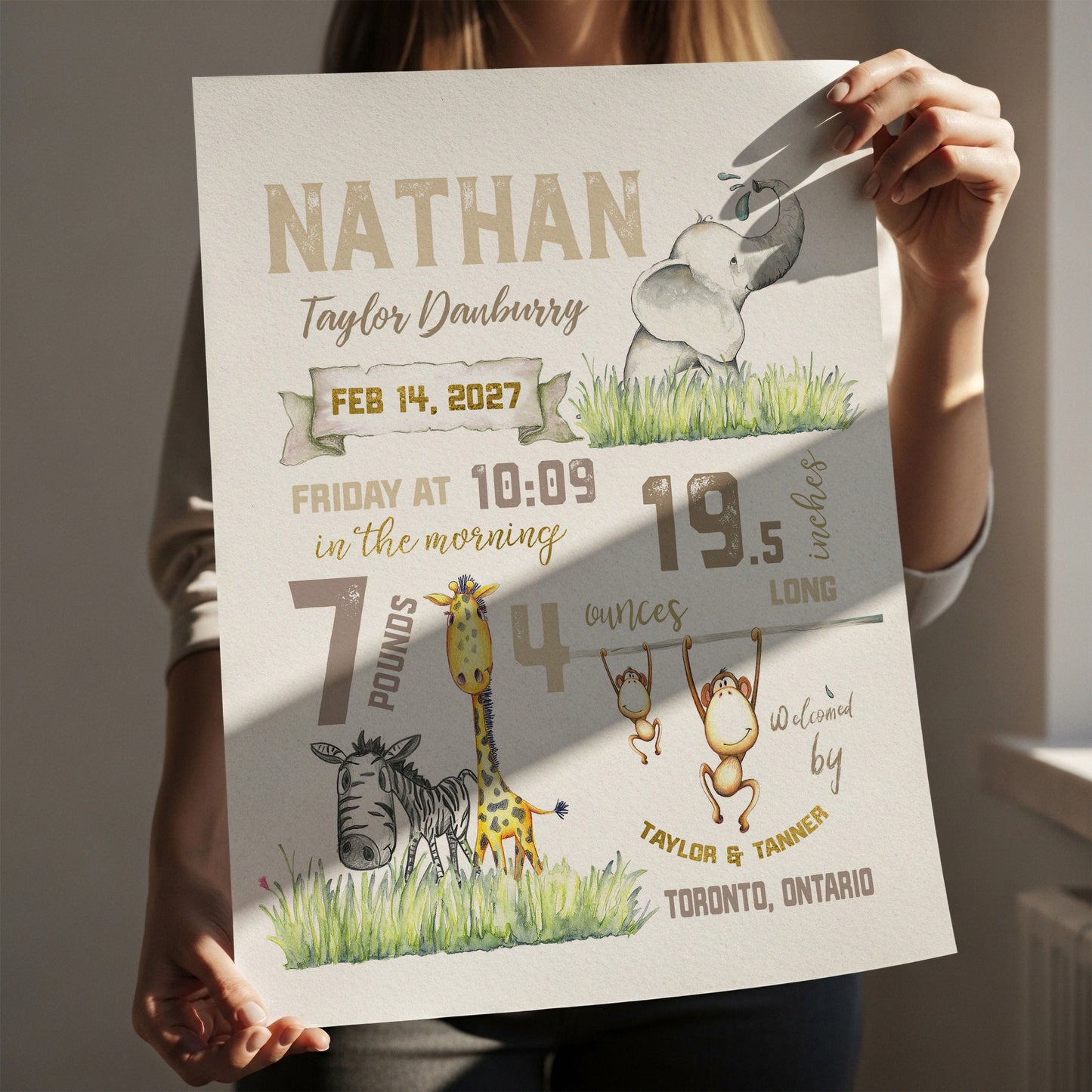 Safari Animal Birth Announcement Print | Personalized Nursery Wall Art