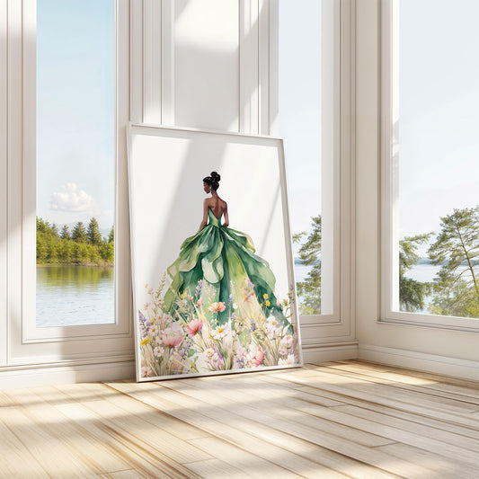Princess Tiana watercolor print in green gown, fairytale nursery wall art