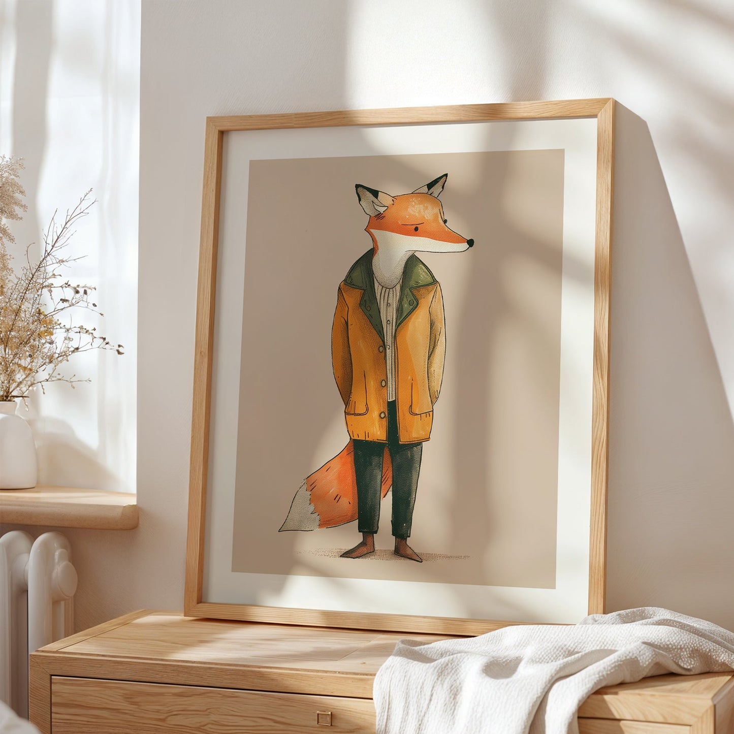 Framed artwork of a fox wearing a yellow coat on a wooden dresser.