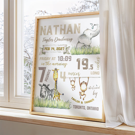 Safari Animal Birth Announcement Print | Personalized Nursery Wall Art