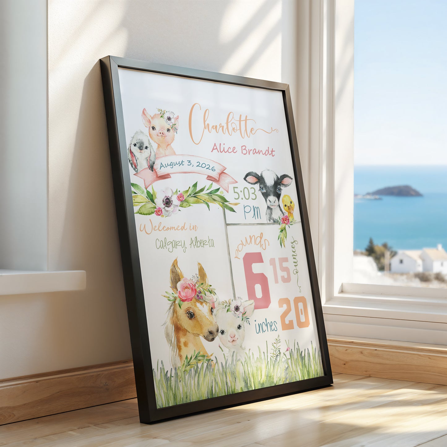 Floral Farm Birth Announcement – Personalized Baby Nursery Print