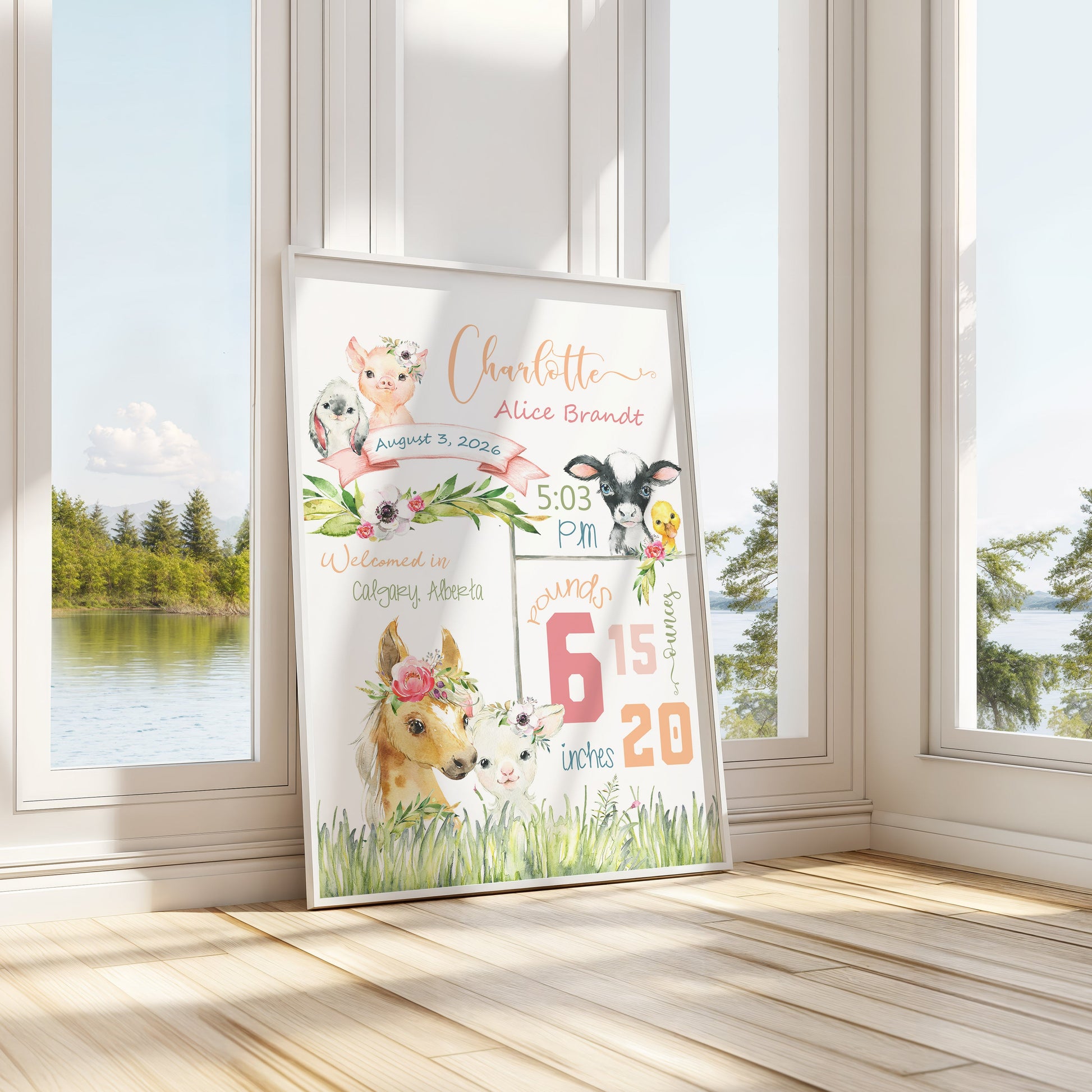 Framed artwork with a dog illustration and text in a bright room with large windows.