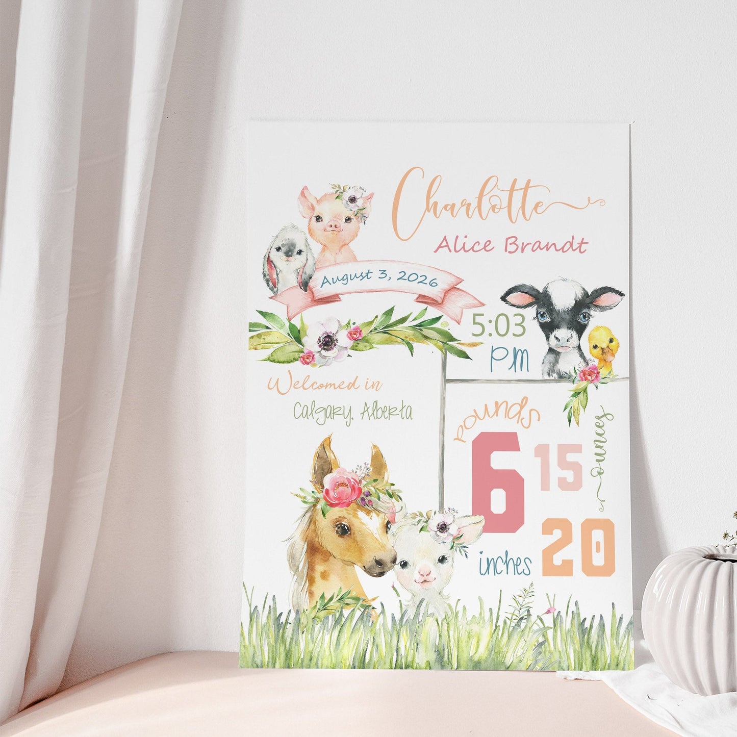 Floral Farm Birth Announcement – Personalized Baby Nursery Print
