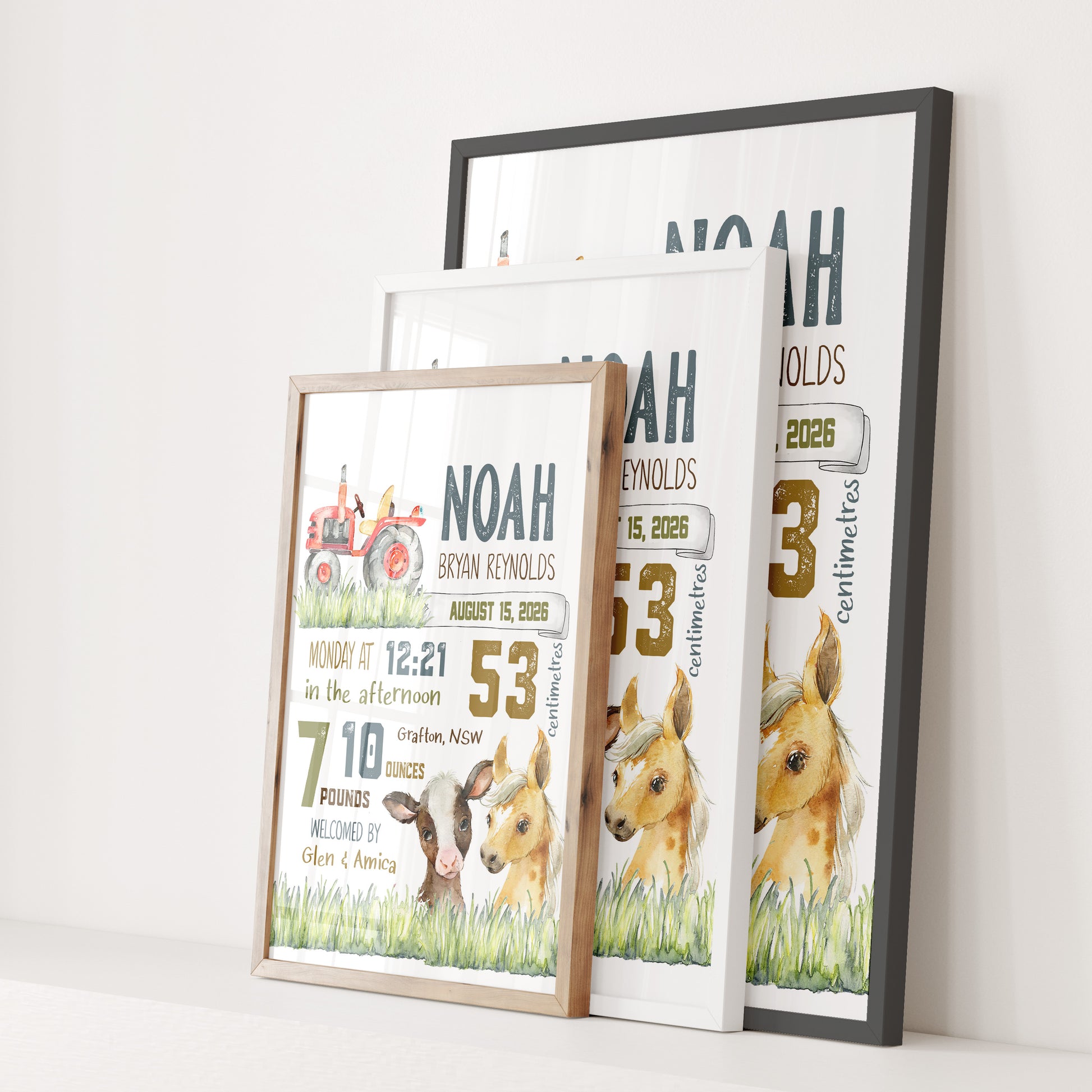 Framed prints with animal illustrations and text on a white background