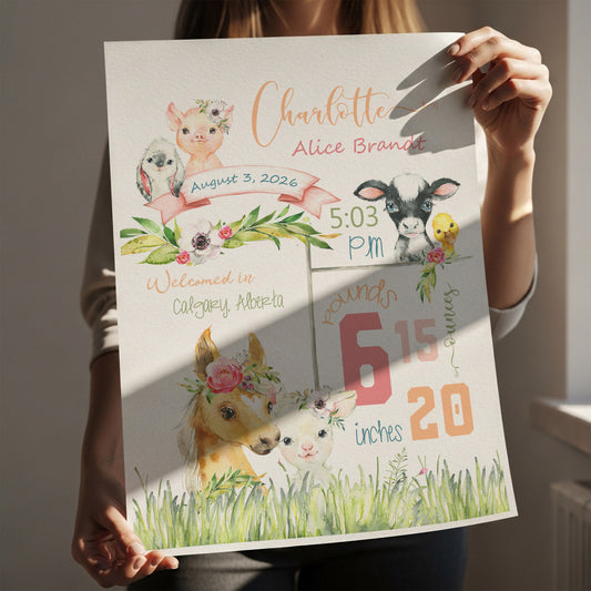 Farm Animal Birth Announcement – Personalized Nursery Art