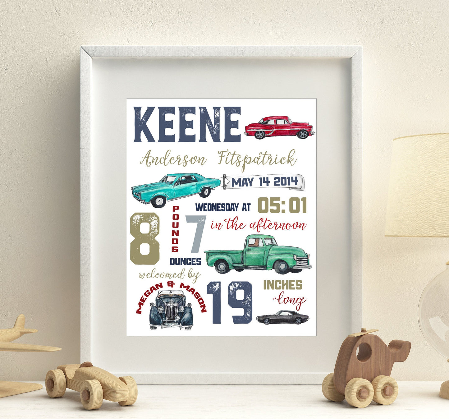 Vintage Car, Nursery, Birth stats, Birth details, Automobile, birth Announcement, Baby gift, Classic Cars, New baby, Personalized, Keepsake