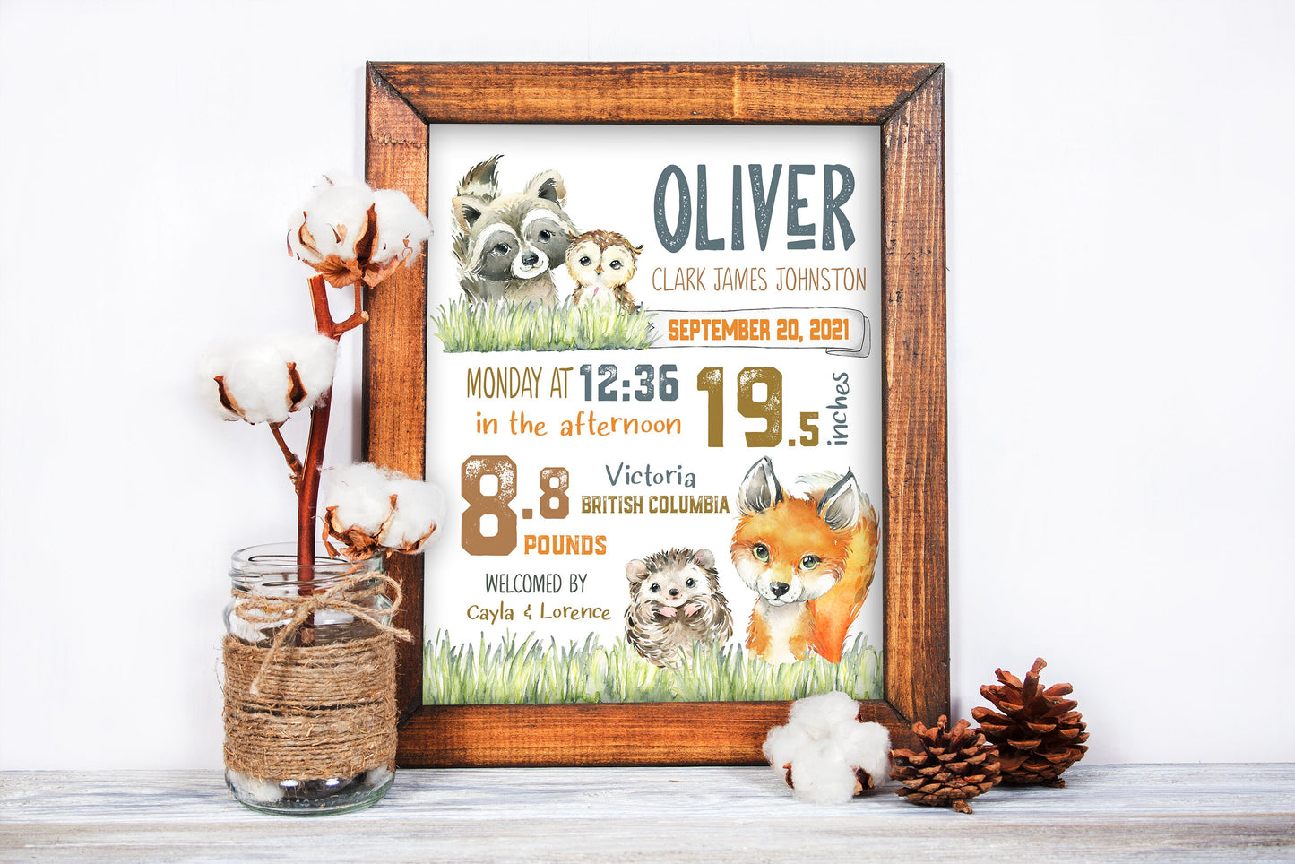 Woodland Nursery, Birth stats, Nursery Decor, Birth details, New Parent gift, Newborn Gift, Wall Art, Personalized baby shower, Keepsake