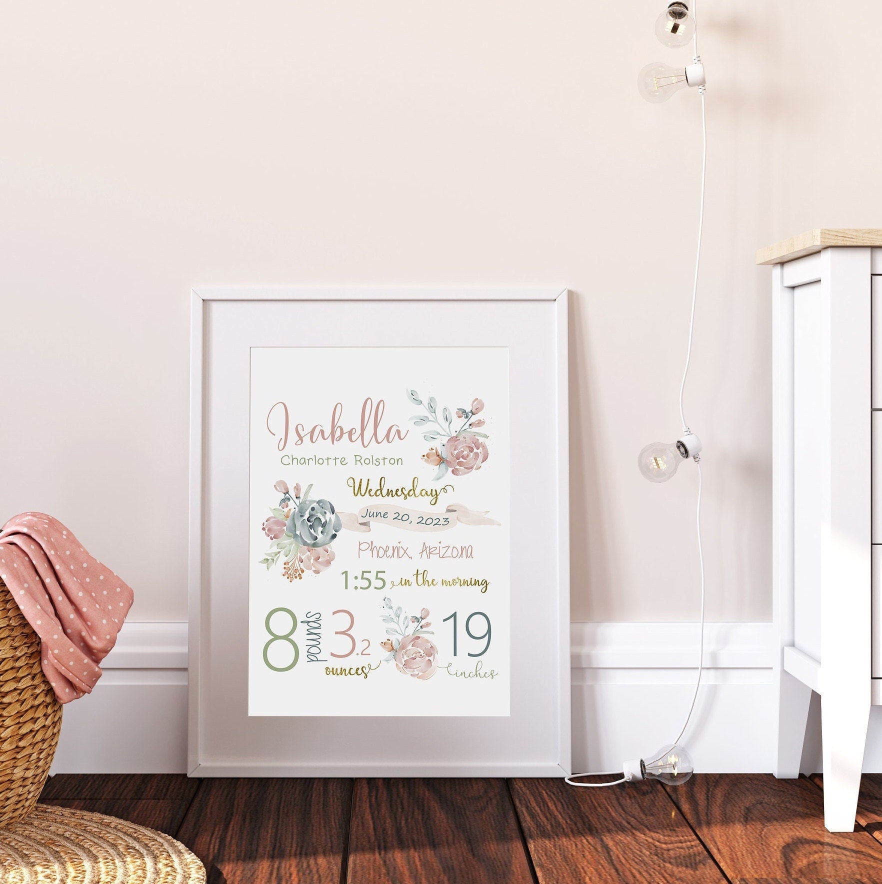 Newborn gift | Wildflowers nursery | Birth stats | baby girl gift | Baby shower | New baby | Floral Nursery | Poster frame | Magnetic frame