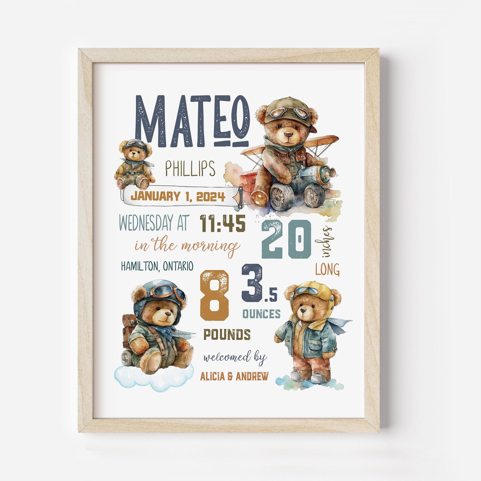 Teddy Bear Baby gift | Pilot nursery decor | Newborn Birth stats | baby gift | Baby shower | New baby | Airplane Pilot | Wall art decor