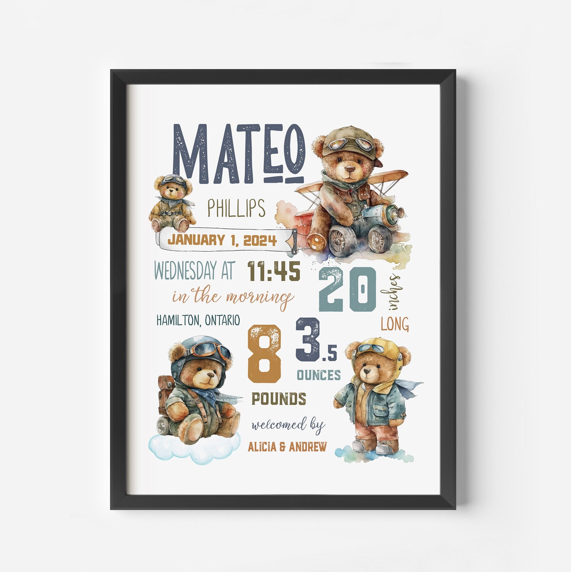 Teddy Bear Baby gift | Pilot nursery decor | Newborn Birth stats | baby gift | Baby shower | New baby | Airplane Pilot | Wall art decor