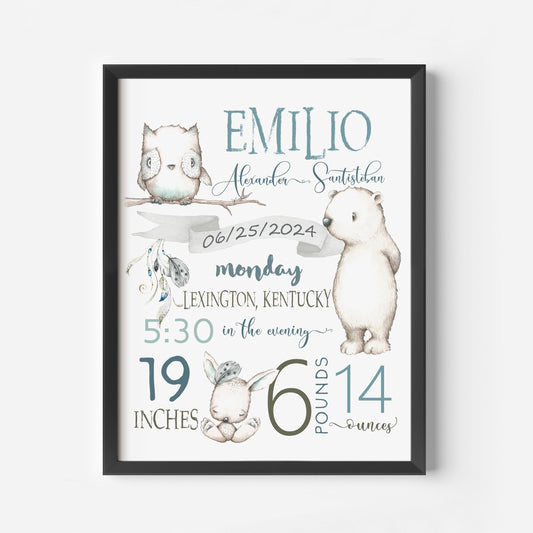 Woodland nursery, Birth stats, Nursery Decor, Nursery, baby gifts, Forest art nursery, Wall Art, forest animals, Newborn birth announcement