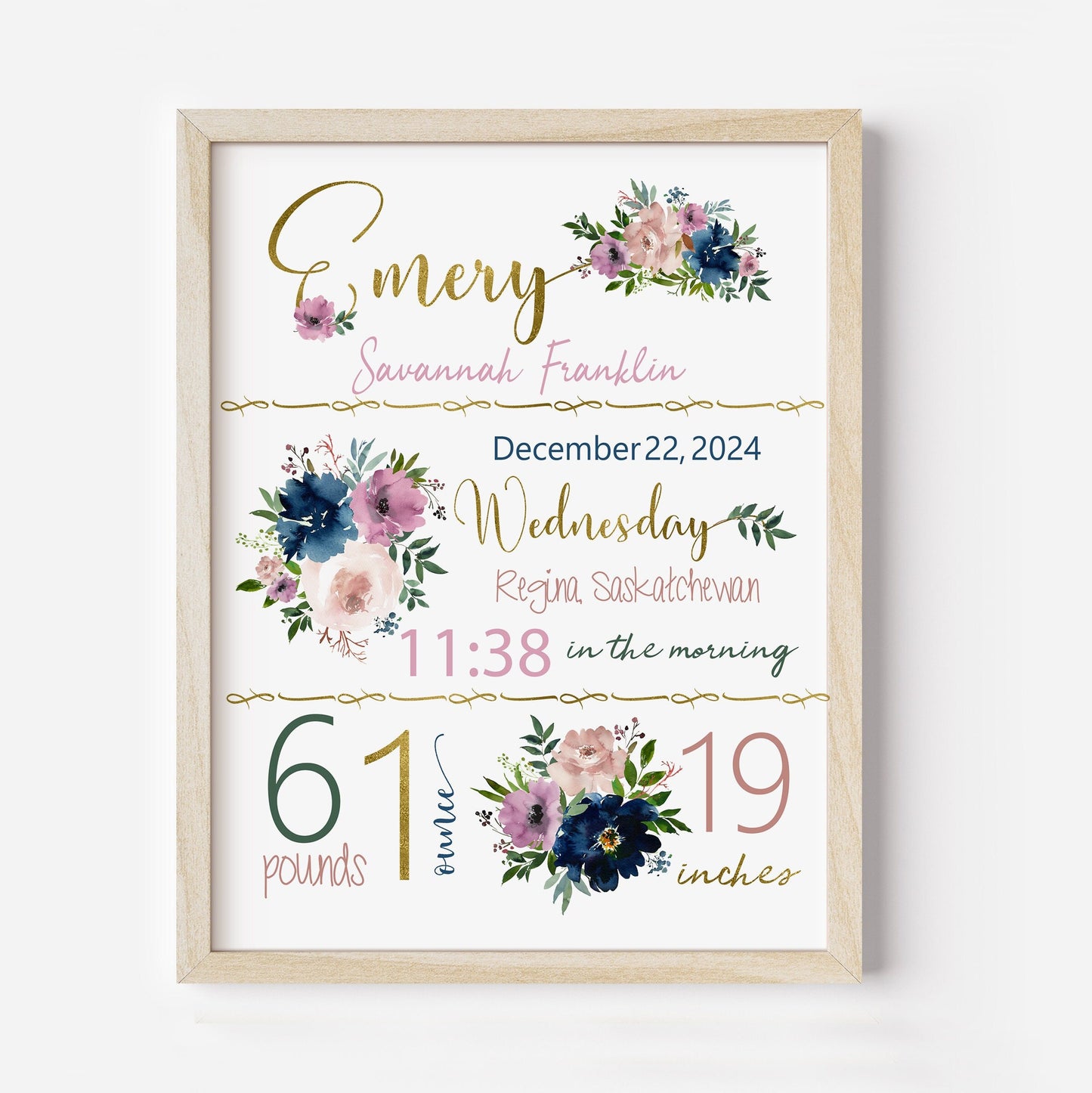 Floral nursery, Birth stats, Nursery Decor, Nursery, baby gifts, Floral art nursery, Wall Art, Pretty nursery art Newborn birth announcement