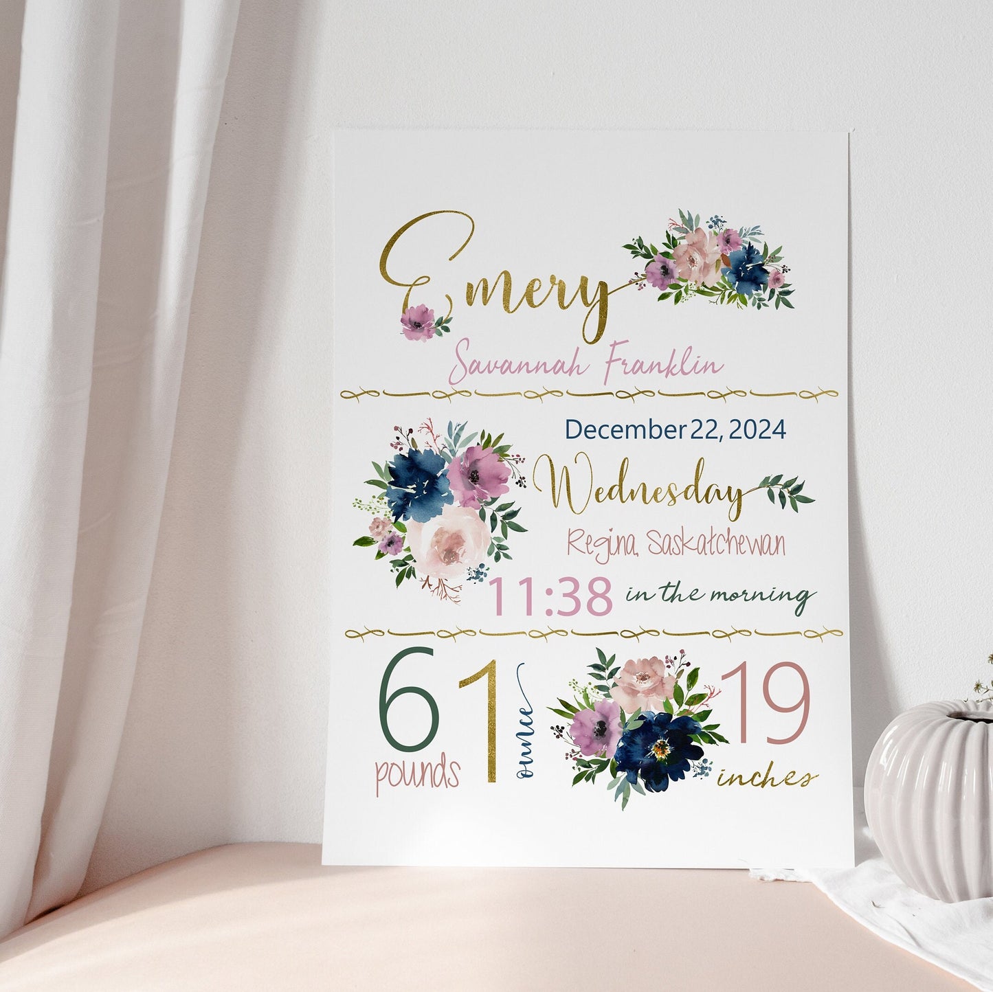 Floral nursery, Birth stats, Nursery Decor, Nursery, baby gifts, Floral art nursery, Wall Art, Pretty nursery art Newborn birth announcement