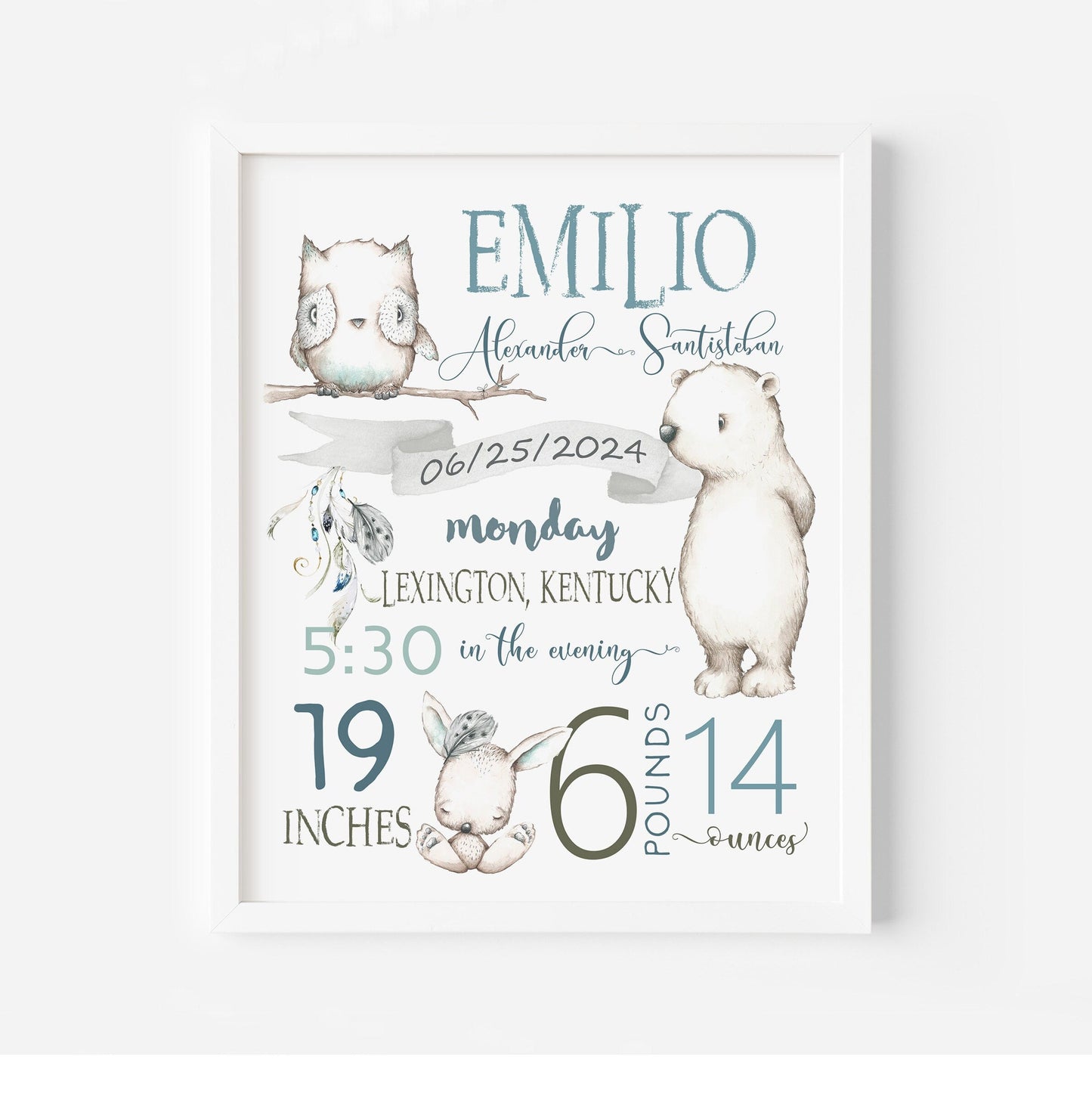 Woodland nursery, Birth stats, Nursery Decor, Nursery, baby gifts, Forest art nursery, Wall Art, forest animals, Newborn birth announcement