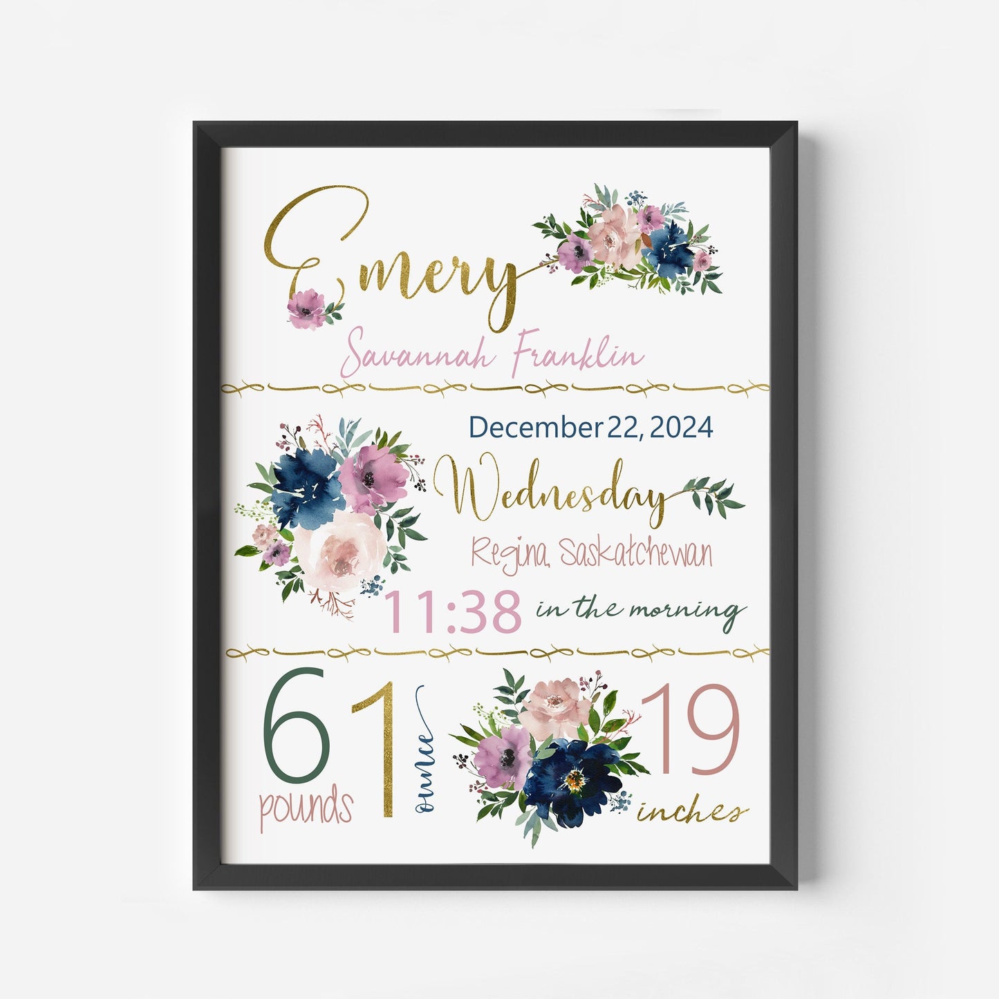 Floral nursery, Birth stats, Nursery Decor, Nursery, baby gifts, Floral art nursery, Wall Art, Pretty nursery art Newborn birth announcement