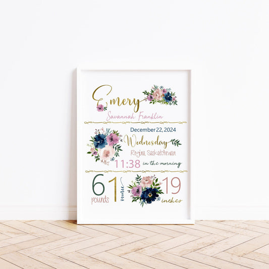 Floral nursery, Birth stats, Nursery Decor, Nursery, baby gifts, Floral art nursery, Wall Art, Pretty nursery art Newborn birth announcement