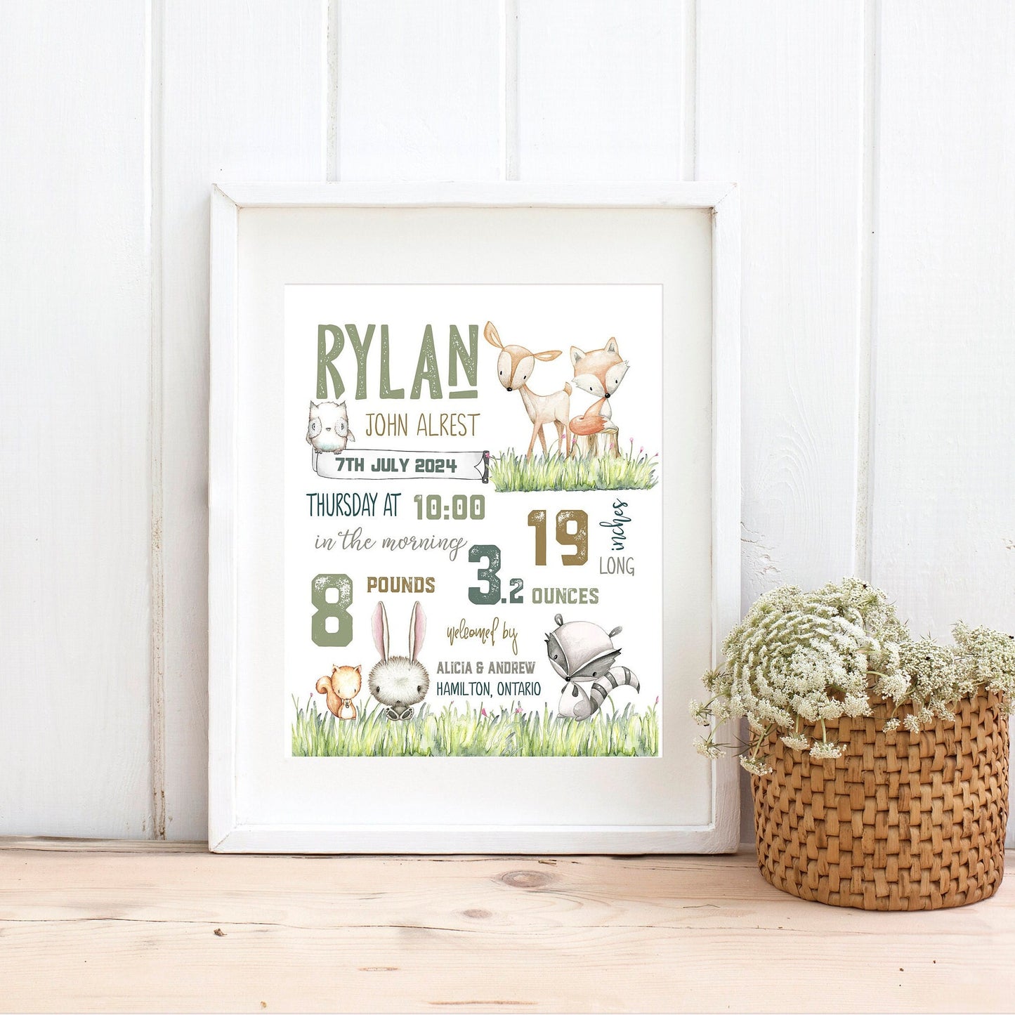 Woodland nursery, Birth stats, Nursery Decor, baby gifts, Woodland art nursery, Wall Art, Forest animals nursery, Newborn birth announcement