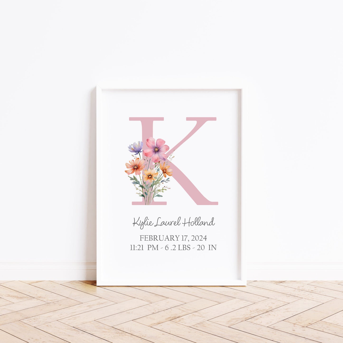 Newborn gift | Printable Floral nursery | Birth stats | girls room | First initial birth Announcement | Nursery idea | Nursery art printable