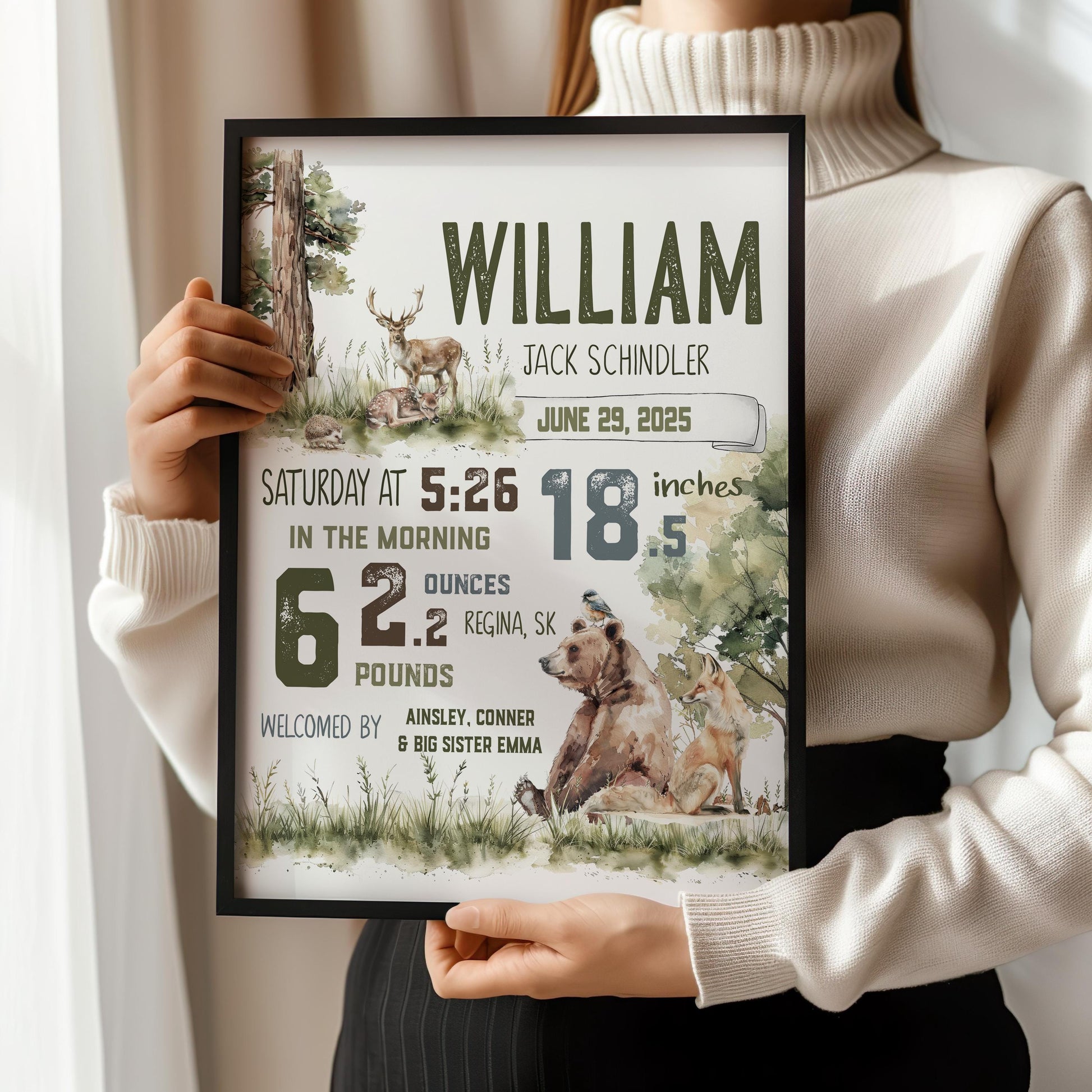 Woodland Nursery | Birth Announcement, Nursery Decor, New Baby gift, Newborn Gift | Personalized baby shower Keepsake | Wall art decor