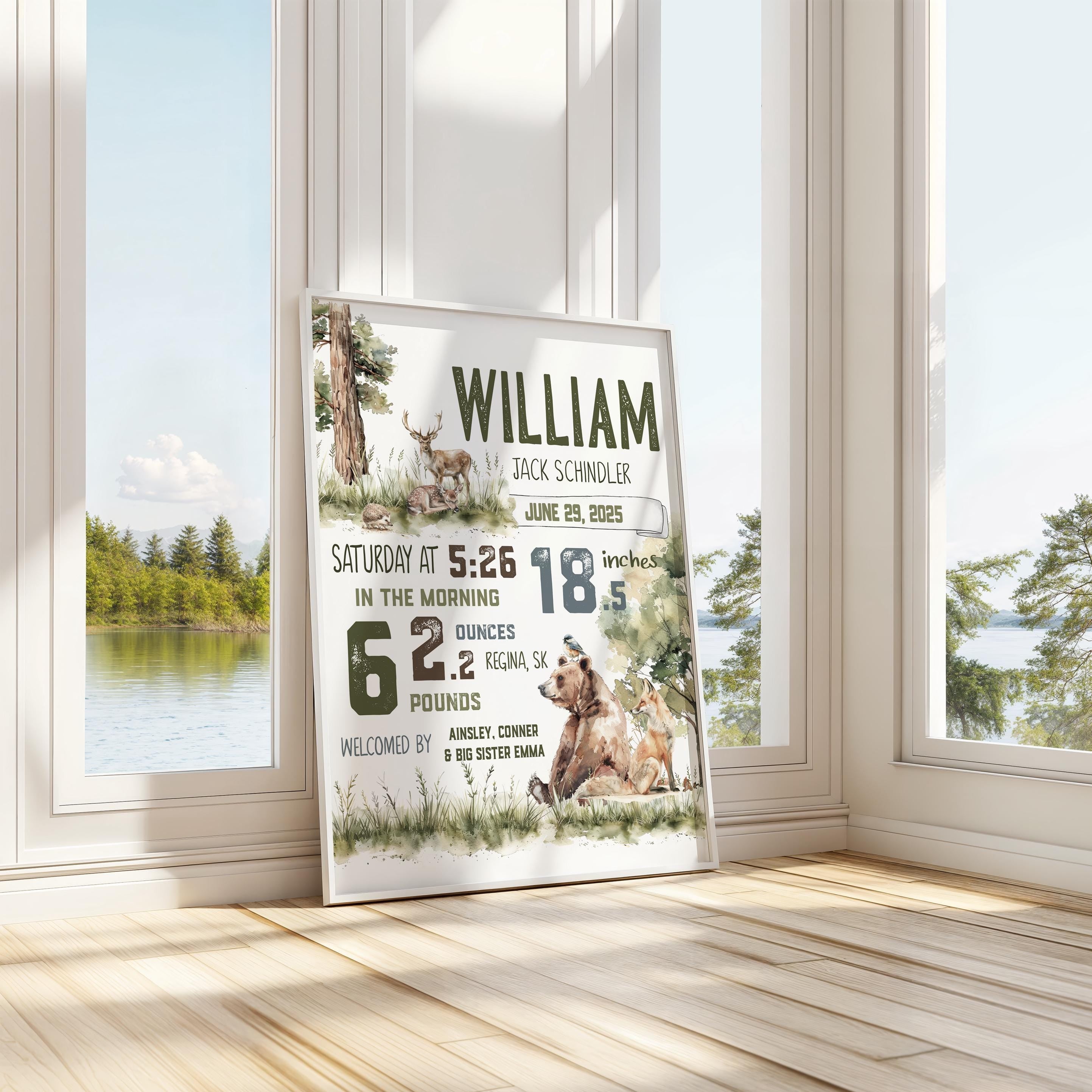 Woodland Nursery | Birth Announcement, Nursery Decor, New Baby gift, Newborn Gift | Personalized baby shower Keepsake | Wall art decor