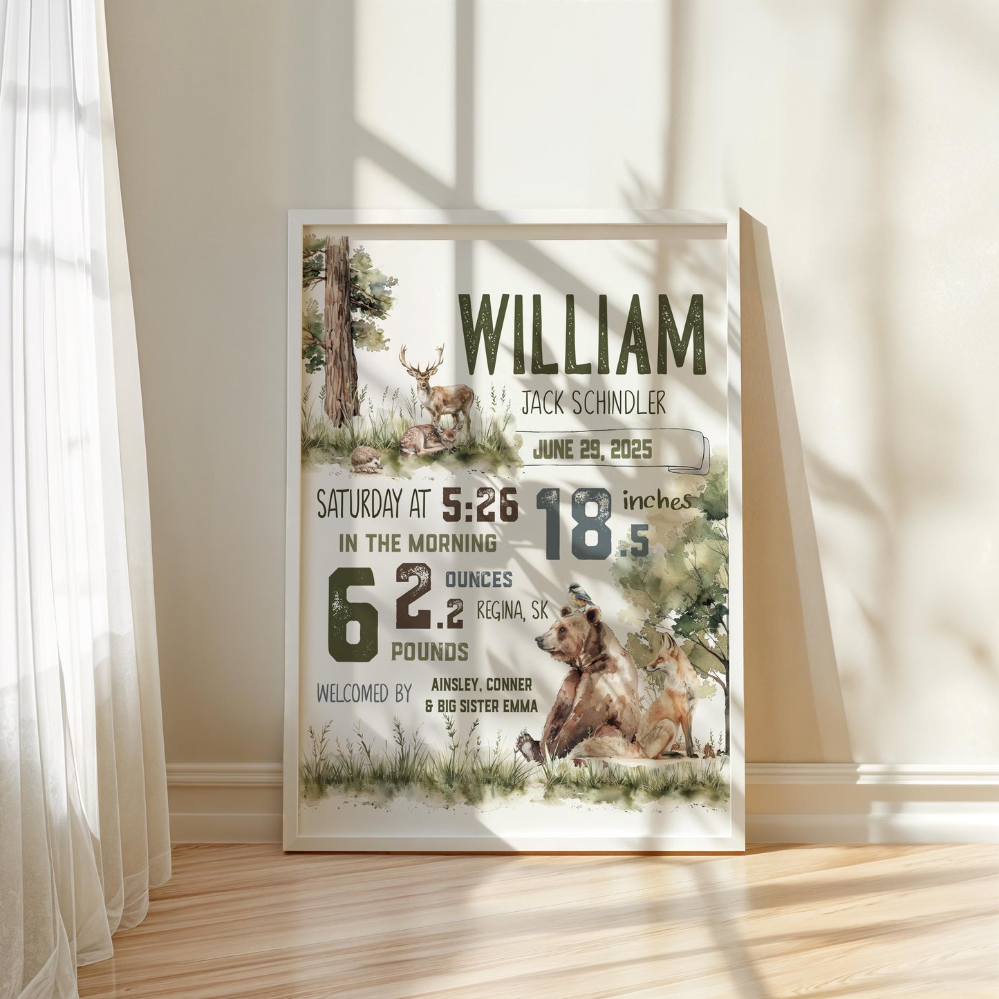 Printable Newborn gift | Woodland nursery | Birth stats | boys room | Woodland birth Announcement | Nursery ideas | Nursery art printable