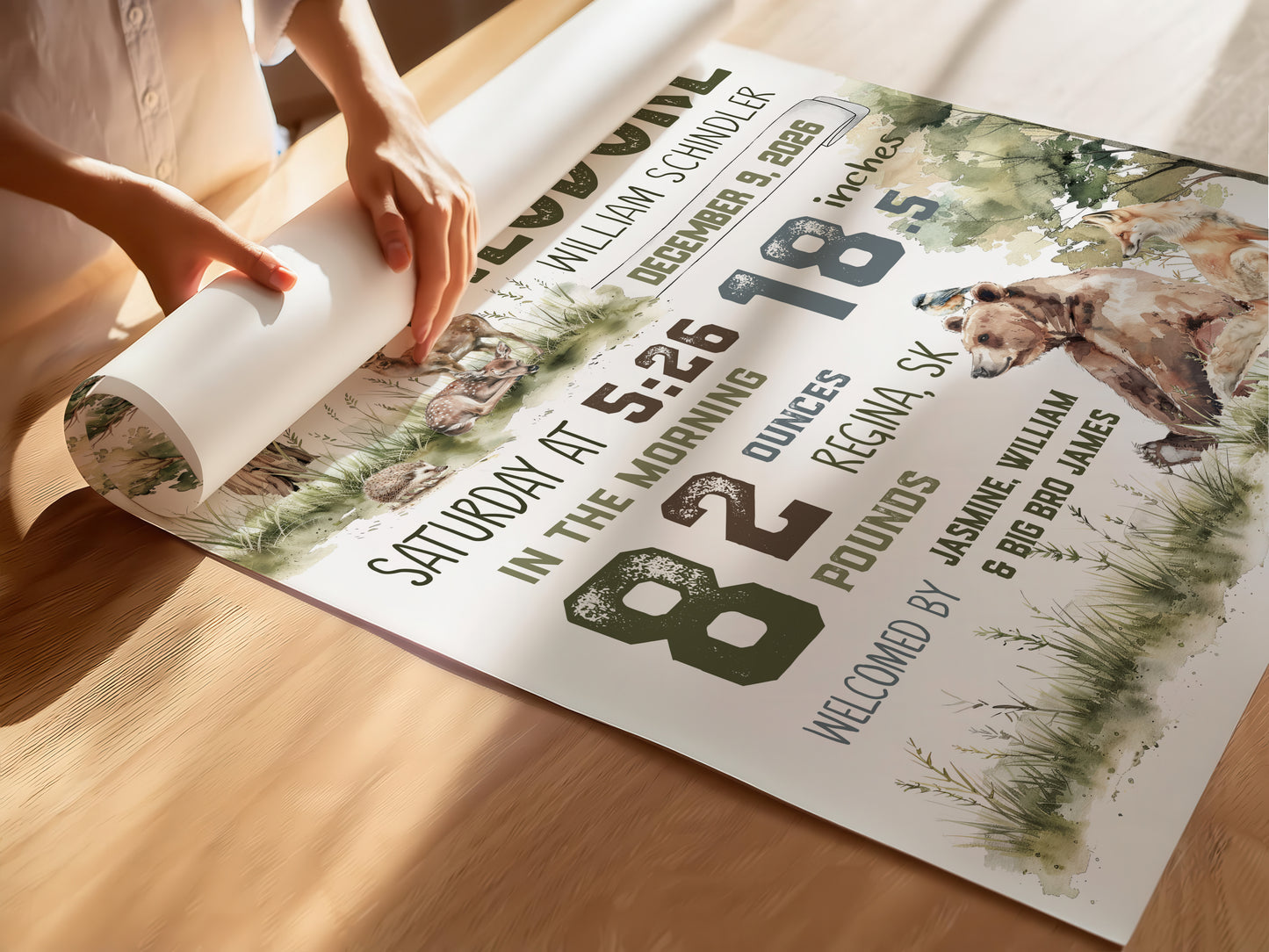 Rustic Woodland Birth Announcement – Personalized Nursery Art