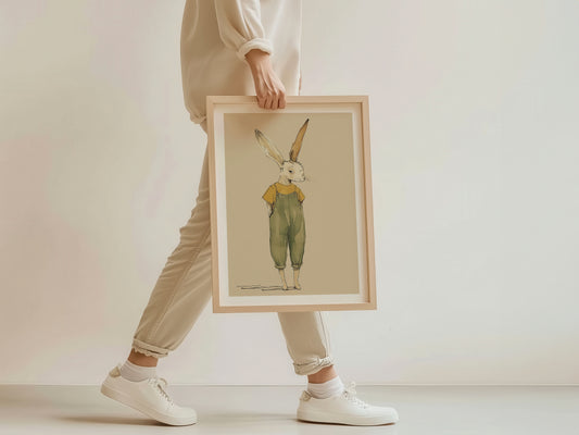 Woodland art print - Bunny wearing overalls