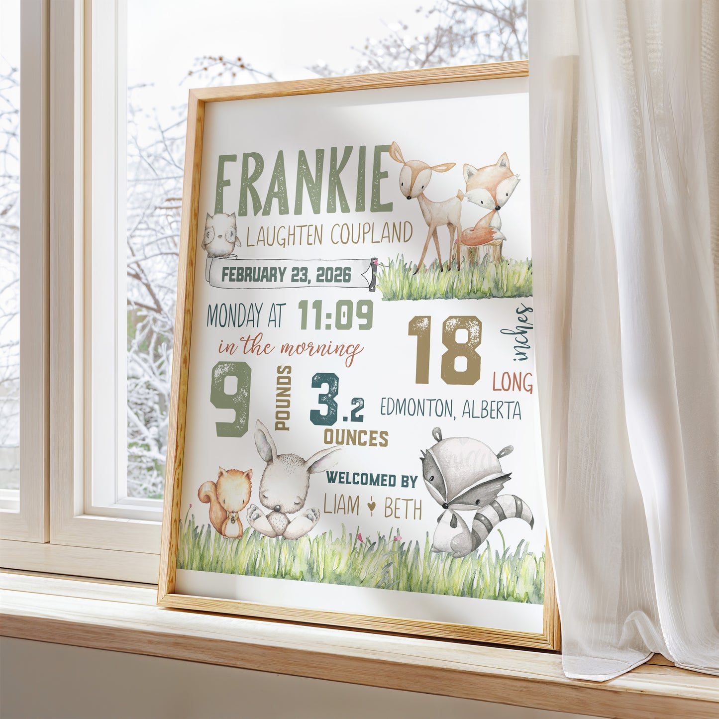 Printable Woodland Birth Announcement | Personalized Baby Nursery Art