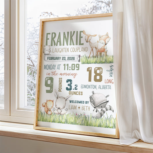 Printable Woodland Birth Announcement | Personalized Baby Nursery Art